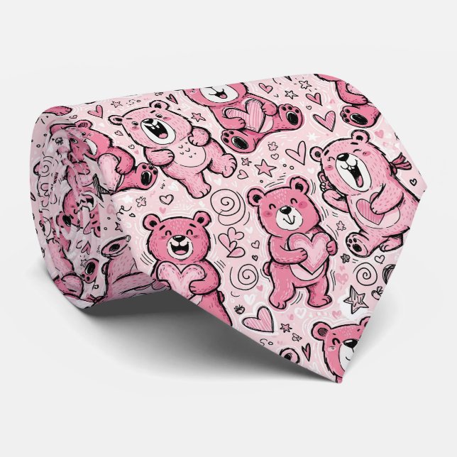 Gravata Urso Teddy Kawaii Padrão Rosa (Rolled)