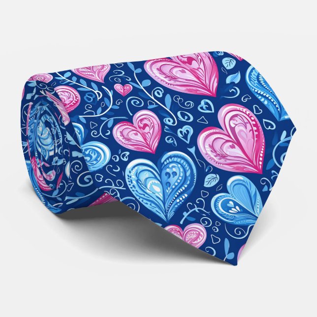 Gravata Valentine's Pretty Blue and Pink Hearts (Rolled)