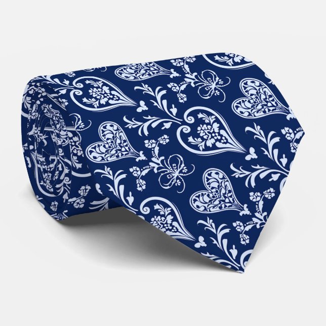 Gravata Valentine's Pretty Navy WhiteHand Drawn Hearts (Rolled)