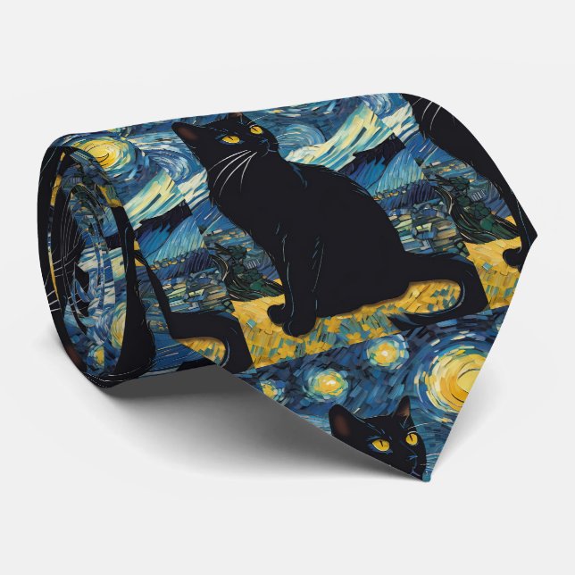 Gravata Van Gogh Noite Estrelada Gato Preto (Rolled)