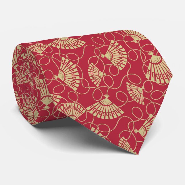 Gravata Ventiladores Dourados japoneses em vermelho (Rolled)