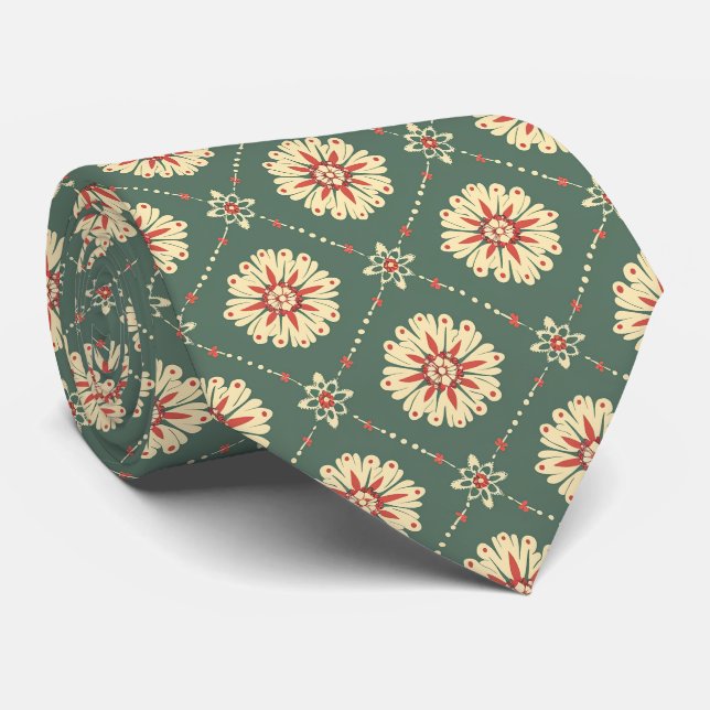 Gravata Verde com padrão floral bege (Rolled)