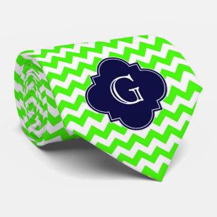 Gravata Verde limão Chevron Marinho Azul Quatrefoil Monogr
