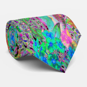 Gravata Verde limão Psicodélico Trippy e flores azuis