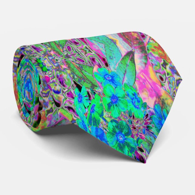 Gravata Verde limão Psicodélico Trippy e flores azuis (Rolled)