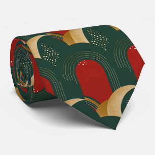 Gravata Vermelho abstrato, Verde e Dourado