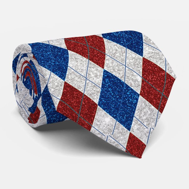 Gravata Vermelho, Branco, Azul Argyle Glitter 4 de Julho (Rolled)