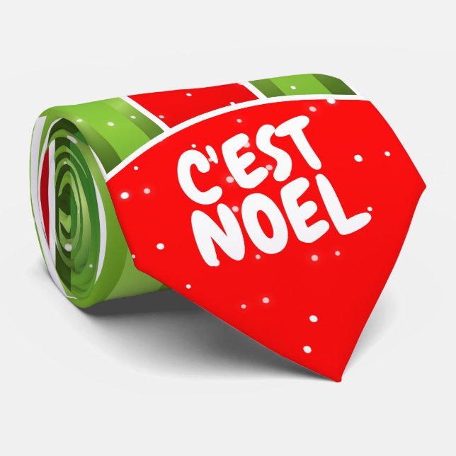 Gravata Vermelho Branco e Verde com texto C'est Noel (Rolled)