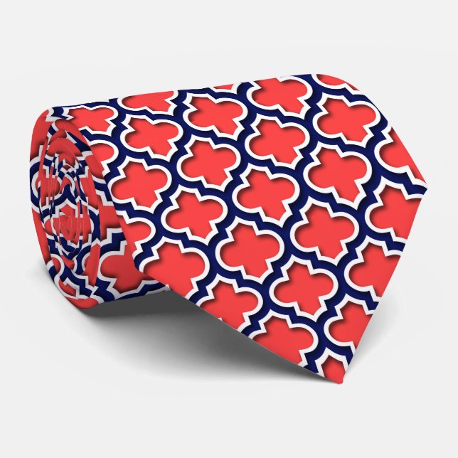 Gravata Vermelho coral, marroquino branco Quatrefoil #5DS (Rolled)