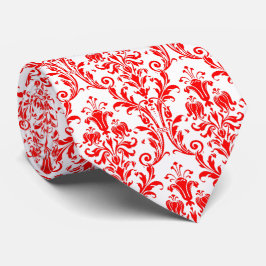 Gravata Vermilo Red White Floral Damask
