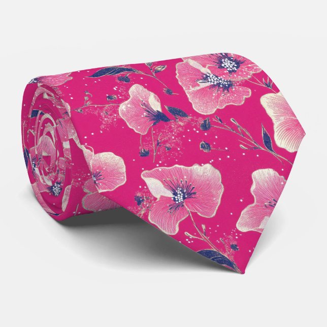 Gravata Vibrant Floral Pattern in Pink, White & Royal Blue (Rolled)