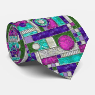 Gravata Vidro Arte Teal Rosa Deco Manchado