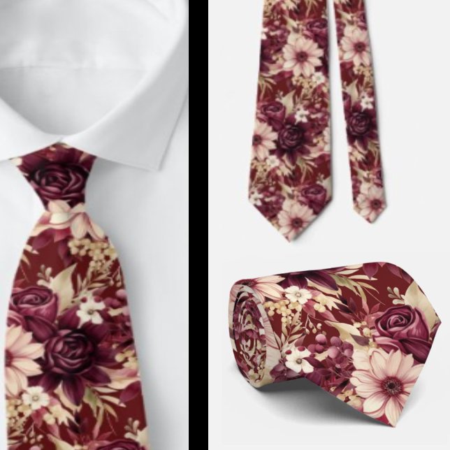 Gravata Vinho Borgonha Boho Flores Aquarela (Criador carregado)