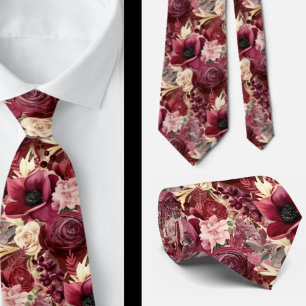 Gravata Vinho Tinto Boho Aquarela Flores