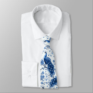 Gravata Vintage Blue Chinoiserie Watercolor Peacock