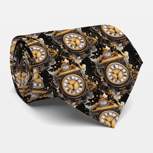 Gravata Vintage Clock Face Steampunk Neck Tie (Rolled)