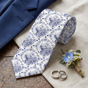 Gravata Vintage Com Moinho de Vento Delft Azul
