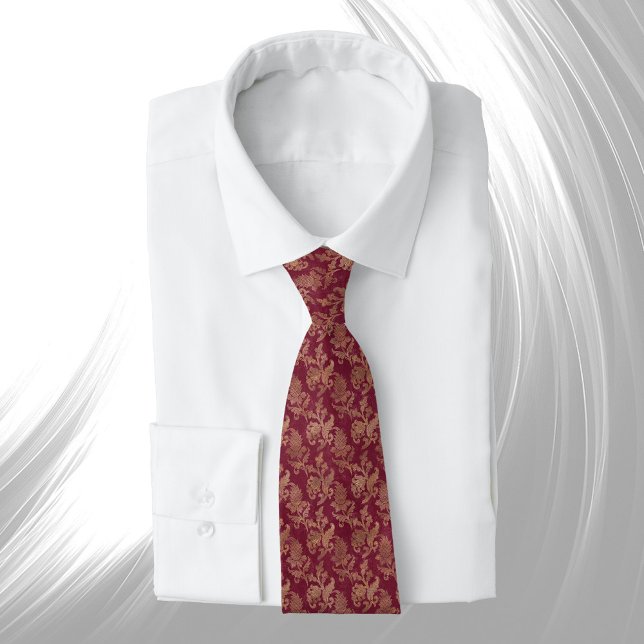 Gravata Vintage Dourada Maroon Floral Damask (Criador carregado)