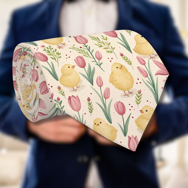 Gravata Vintage Easter Cute Yellow Chicks Red Tulips (Criador carregado)