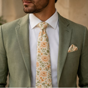 Gravata Vintage Floral Peony Wallpaper-Soft Peach e Green