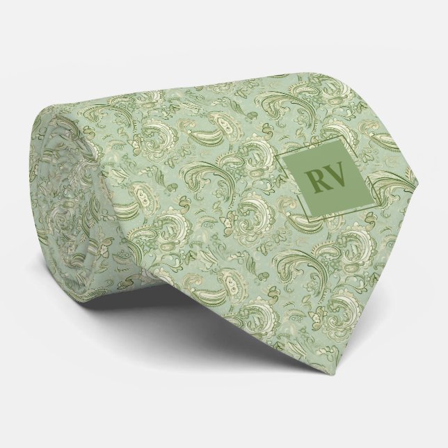 Gravata Vintage Green Floral Paisley Pattern (Rolled)