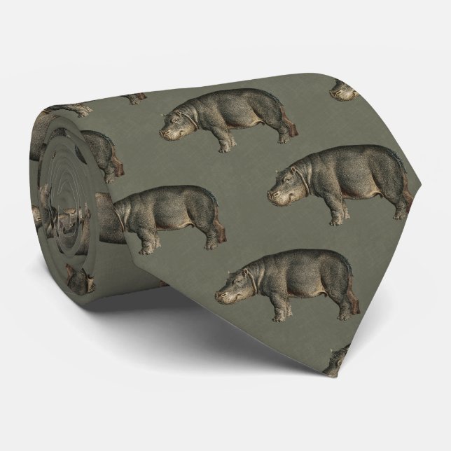 Gravata Vintage Hippos on Army Green Linen (Rolled)