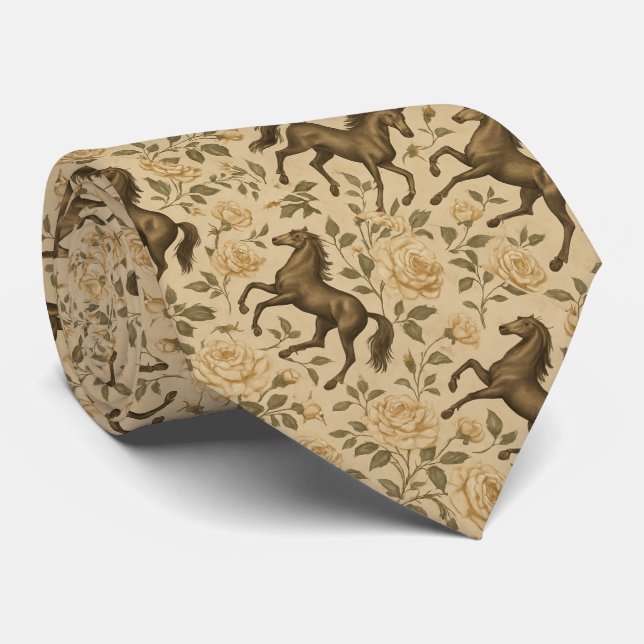 Gravata Vintage Horse e Rosa Floral (Rolled)