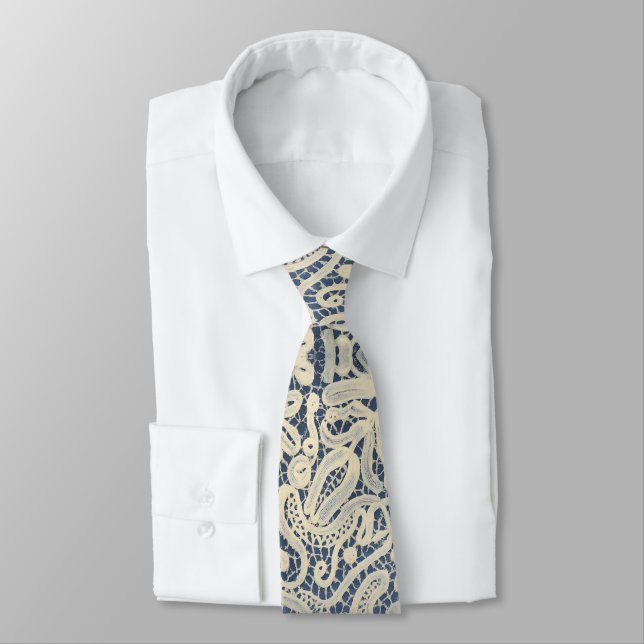 Gravata Vintage Lace-Inspired Pattern in Navy Champagne  (Amarrado)