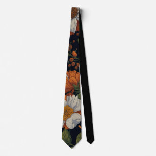Gravata Vintage Laranja, flores brancas, retro-flores