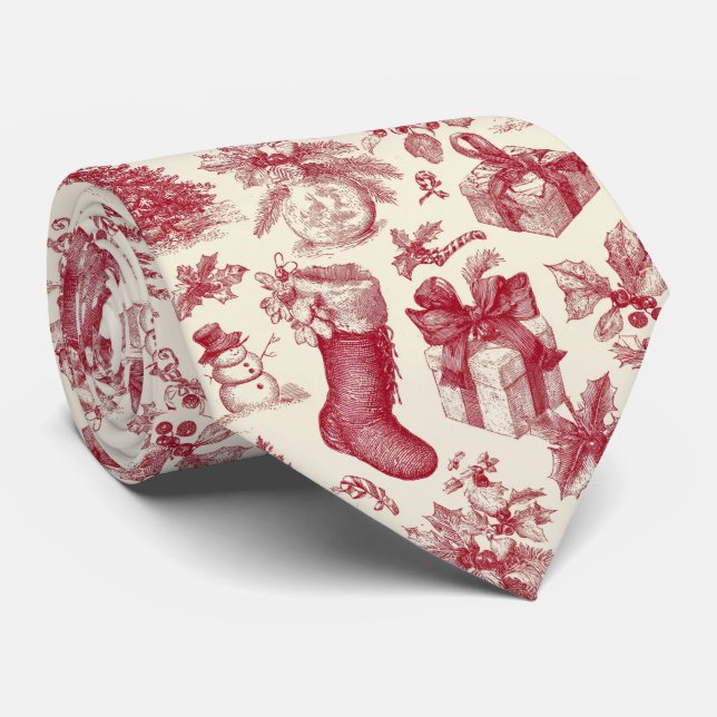 Gravata Vintage Red Toile Christmas Pattern with Stockings (Rolled)