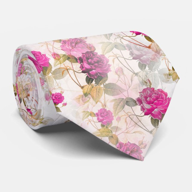 Gravata Vintage, Victorian Pink Rose Flower Patterin (Rolled)
