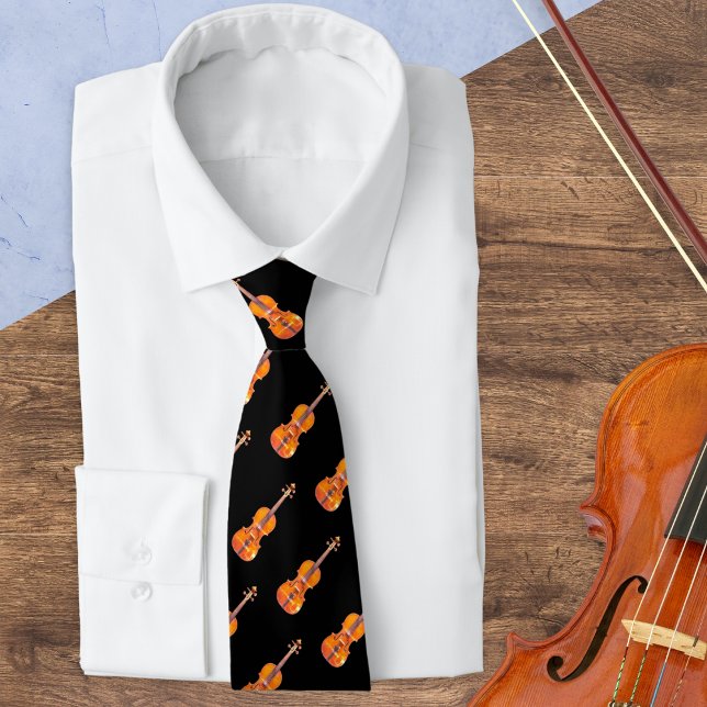 Gravata Violin Pattern Musical Instrumento Musical Lover (A stylish tie for classical music lovers, with pattern of violins on a black background)