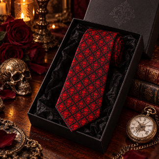 Gravata Vitoriano Gótico Caveiras Vermelho Preto Vintage