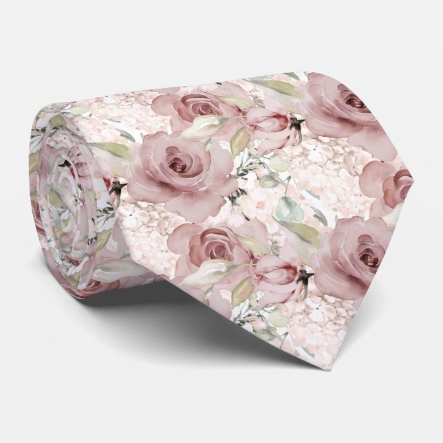 Gravata Watercolor Dusty Rosa Hydrangeas FAZER fundo (Rolled)