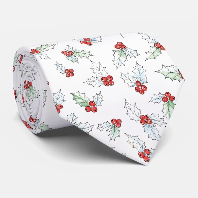 Gravata Watercolor Holly Leaves and Red Berries (Rolled)
