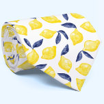 Gravata Watercolor Lemon Padrão Citrus Neck Tie<br><div class="desc">Bonito padrão de limão dos citros a aquarelas com folhas azuis marinhos sobre fundo branco para uma foto frutífera de verão da Vitamina C. Arte original de Nic Squirrell.</div>