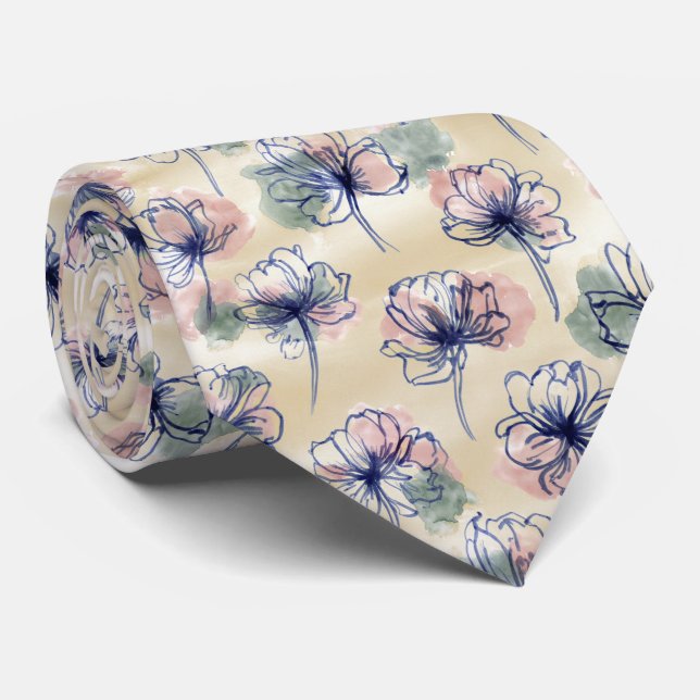 Gravata Watercolor Line Floral Pattern (Rolled)