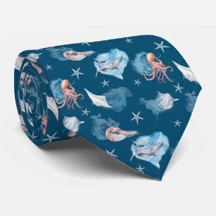 Gravata Watercolor Sea Animals Ocean Blue Design