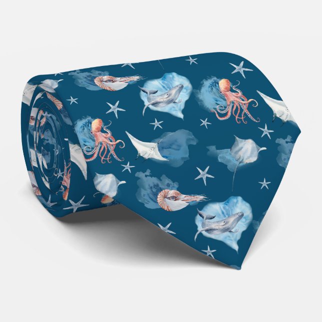 Gravata Watercolor Sea Animals Ocean Blue Design (Rolled)