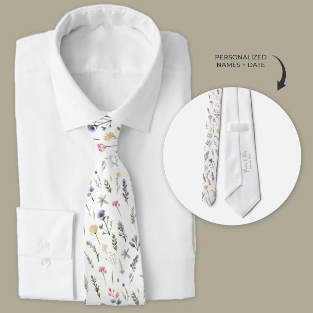 Gravata Watercolor Wildflower Boho Neck (custom wedding neckties for groom and groomsmen with a boho wildflower watercolor design.)