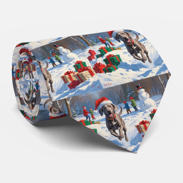 Gravata Weimaraner Correndo na Neve com Chapéu de Natal (Rolled)