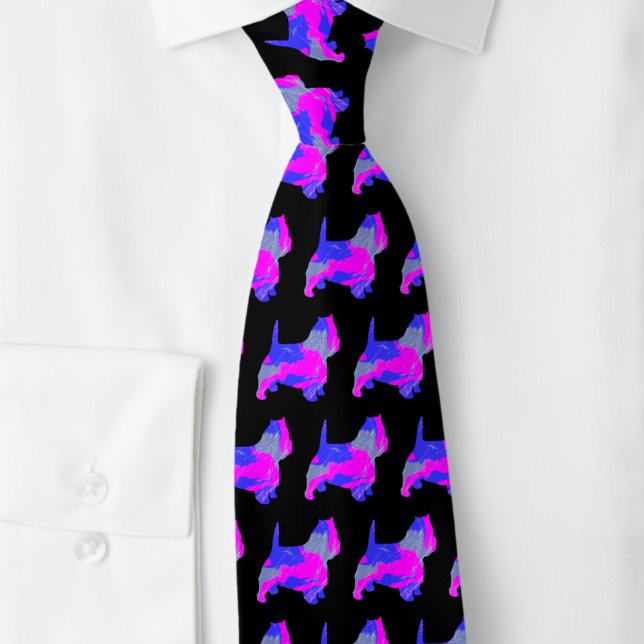 Gravata West Highland Westie Terrier Pink Silhouette Black (West Highland White Terrier / Westie dog silhouette pattern on black tie)