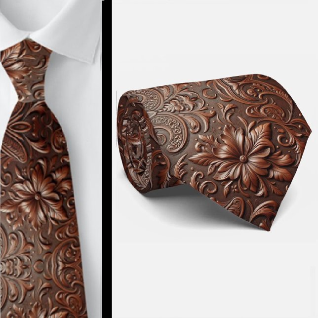 Gravata Western Brown Faux Leather Tooled Retro Mens Tie (Criador carregado)