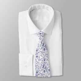 Gravata White neck tie with elegant blue floral pattern 