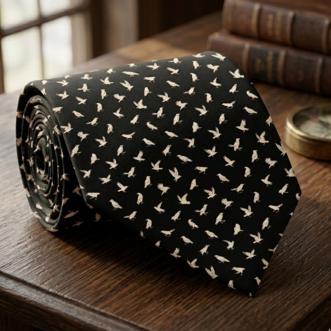 Gravata White Raven Bird Pattern – Gothic Groom Gift (White raven gothic black neck tie)