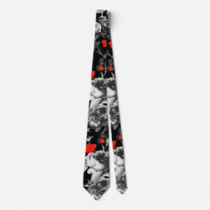 Gravata WHITE ROSES AND RED BUTTERFLIES Black Neck Tie