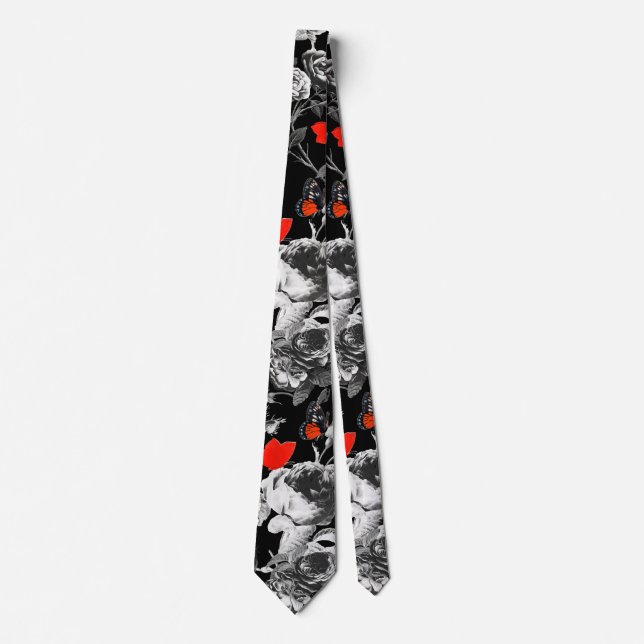 Gravata WHITE ROSES AND RED BUTTERFLIES Black Neck Tie (Frente)