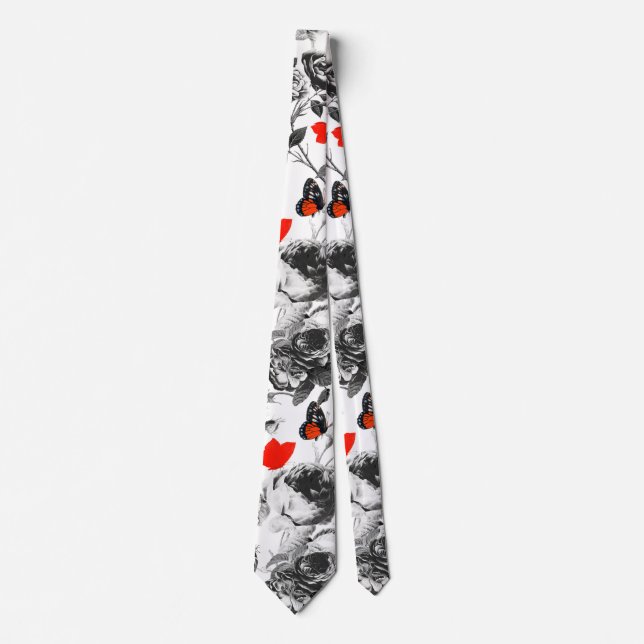 Gravata WHITE ROSES AND RED BUTTERFLIES Grey Neck Tie (Frente)