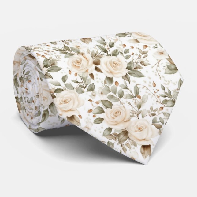 Gravata White  Roses on White (Rolled)