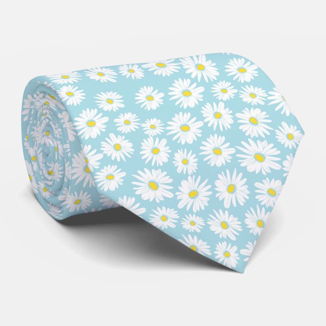 Gravata White yellow cyan daisy flower pattern (Rolled)